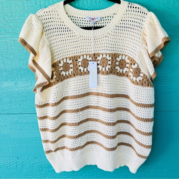 CROCHET FLORAL AND STRIPES CREAM TAN FLUTTER SLEEVE PULLOVER SWEATER SIZE 2X NWT - Picture 5 of 9